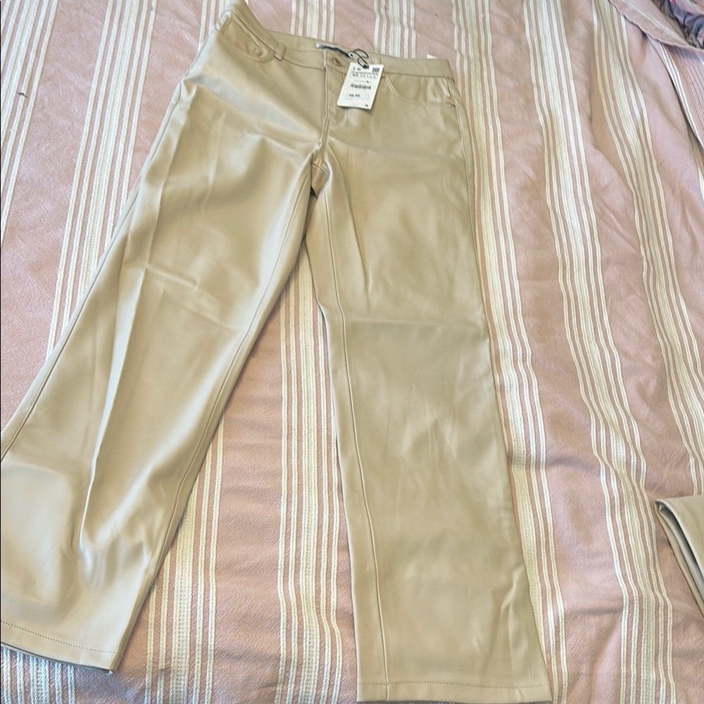 NWT Zara beige tan faux leather wide straight leg pants US 10 EU 42